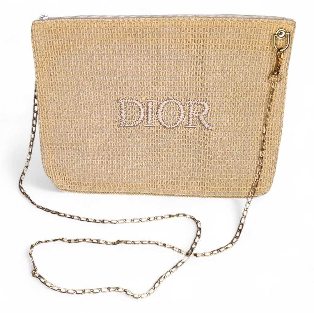 Dior Beauty Straw Pouch With crossbody Chain - New - Picture 2 of 3